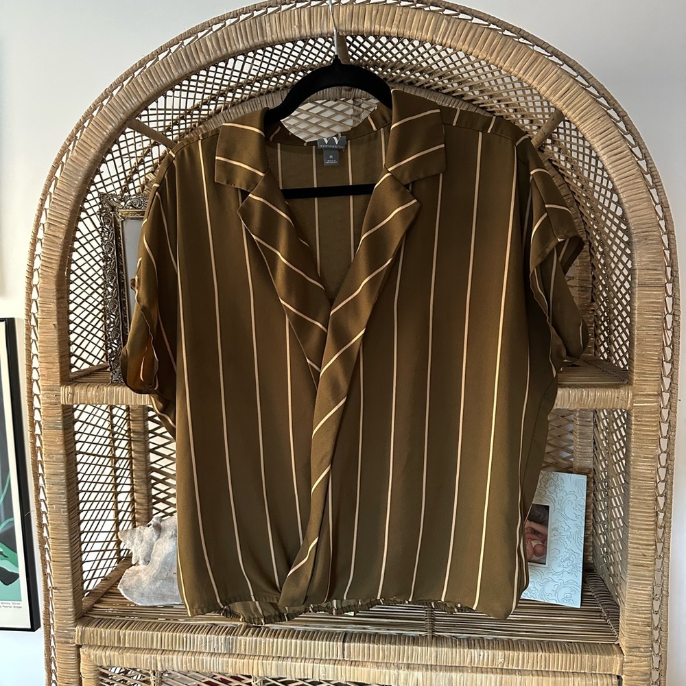 Worthington Olive Green Striped Blouse Size M